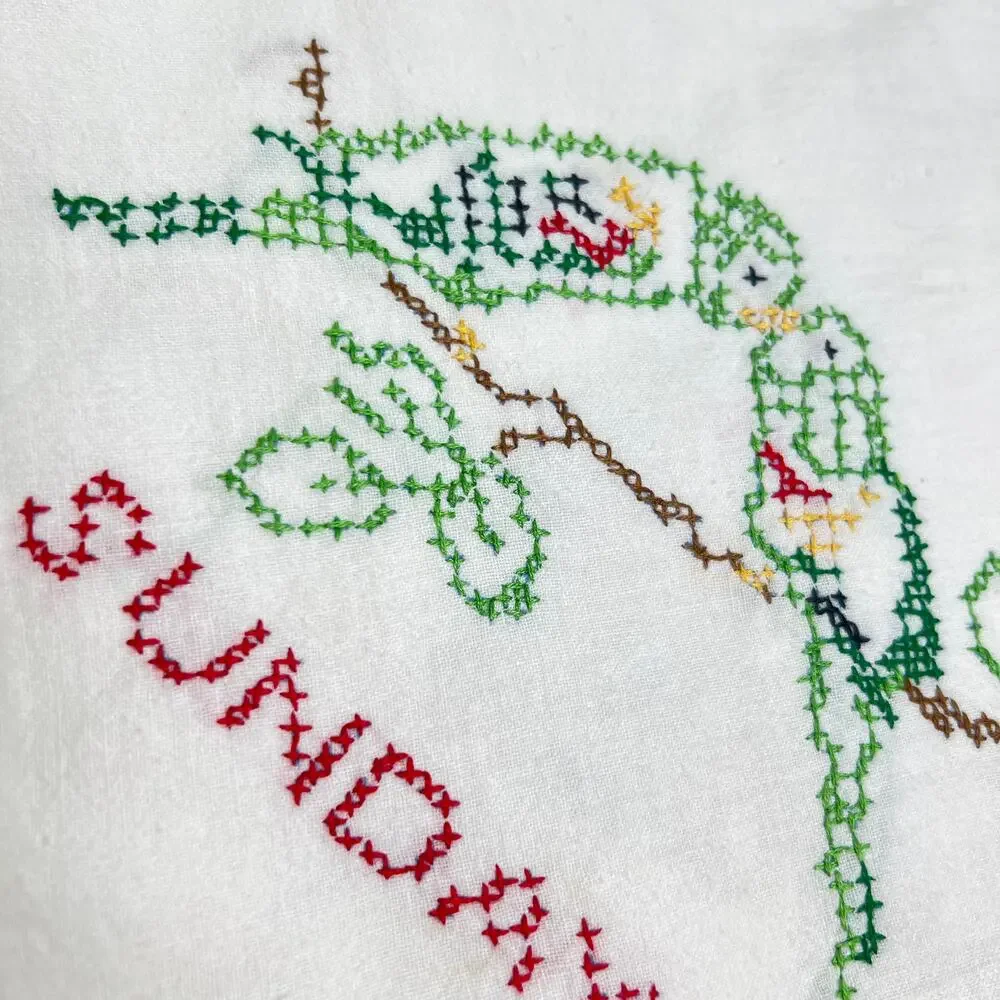 Vintage 4 Tea Towels Set Days of the Week Cross Stitch Love Birds Cottage